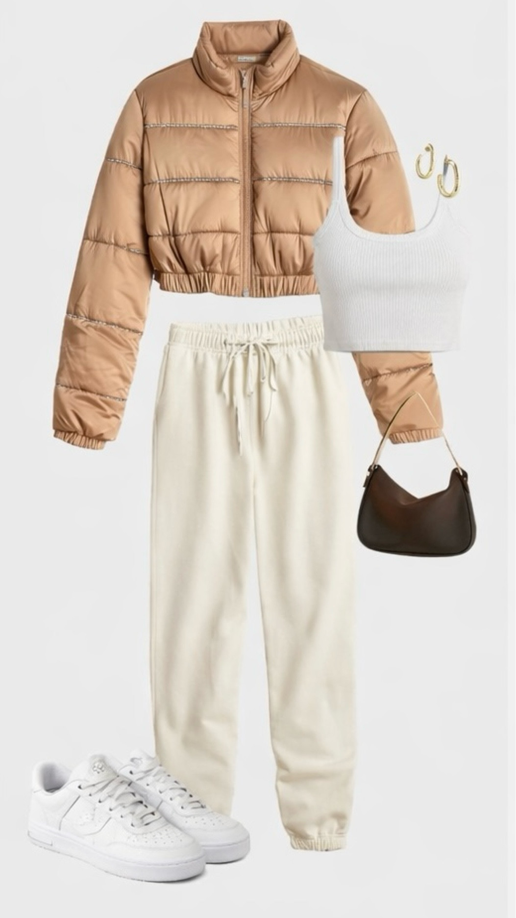 Elevated athleisure built around a cropped tan puffer jacket 🤍
Styled with cream joggers, a fitted white tank, and clean sneakers for an effortless everyday look that still feels put together.

#LTKActive