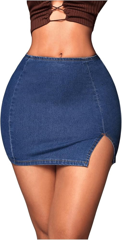 SHENHE Women's Denim Mini Skirt with Slit Bodycon Solid Sexy Split Thigh Jean Mini Skirt | Amazon (US)