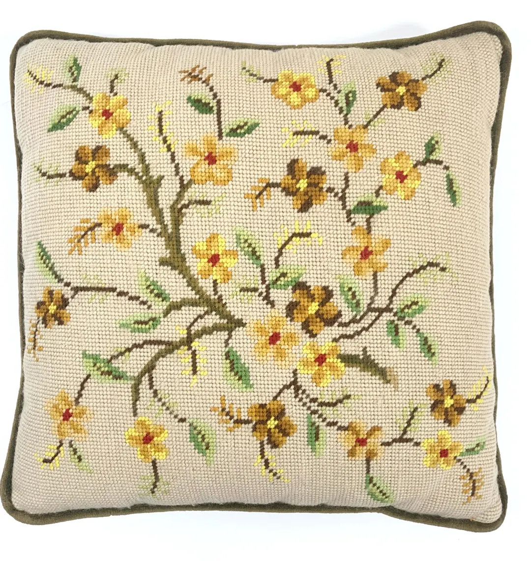 Needlepoint Yellow Flower Floral Pillow Green Velvet Backing Hand Stitched Large Throw Pillow - E... | Etsy (US)