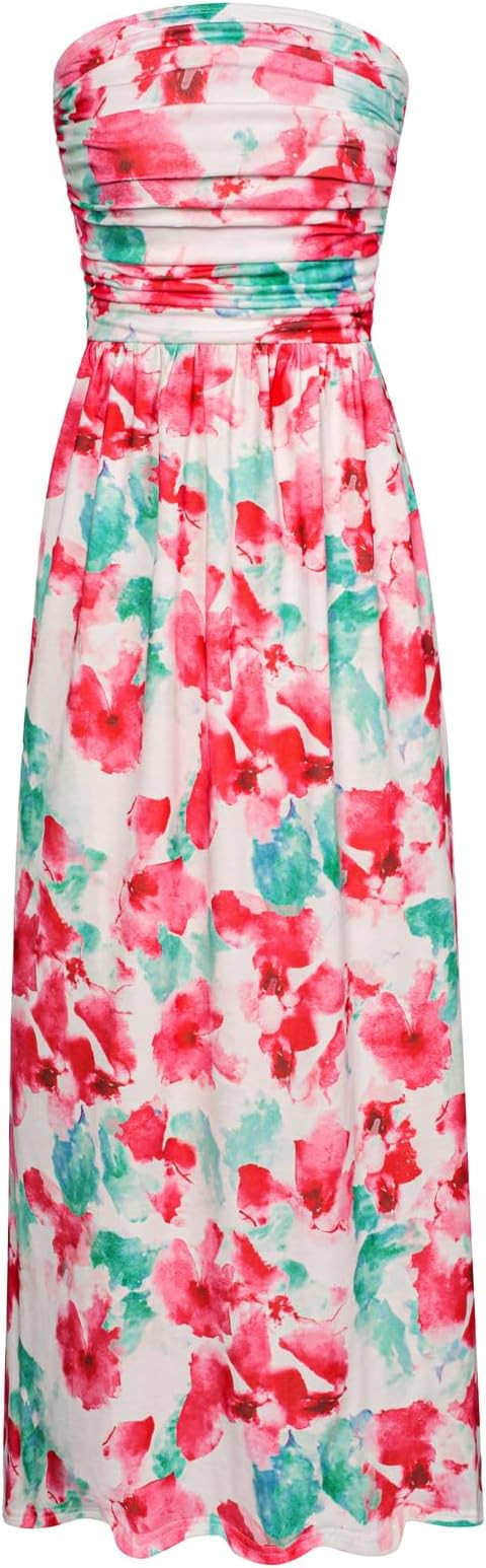 GRACE KARIN Women Strapless Casual Loose Ruched Long Maxi Dress with Pockets | Amazon (US)