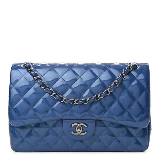 CHANEL Patent Quilted Jumbo Double Flap Blue | FASHIONPHILE (US)