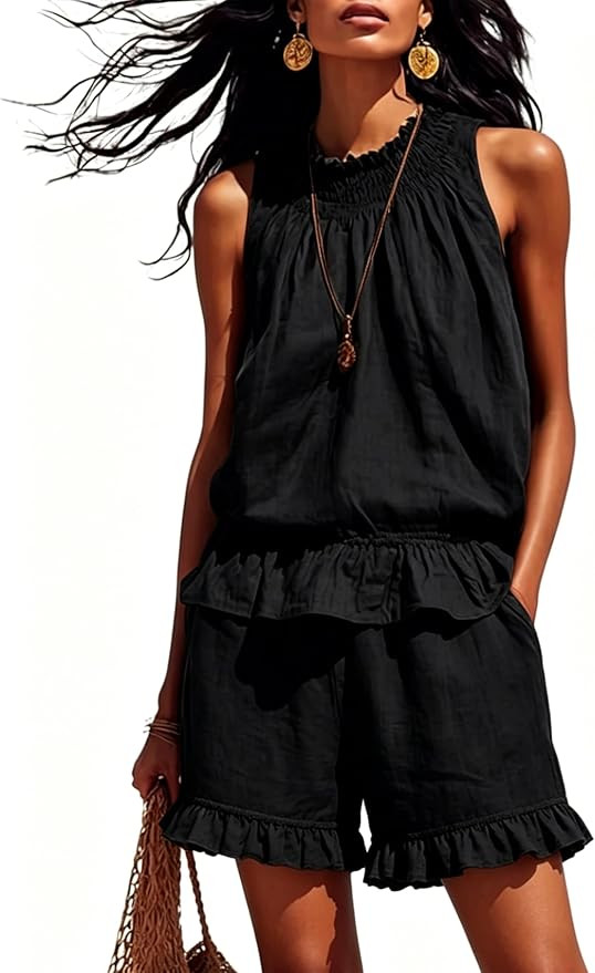 Bankeng Womens 2 Piece Sets Outfits Summer Beach Sleeveless Ruffle Soild Tank Tops and Shorts Paj... | Amazon (US)
