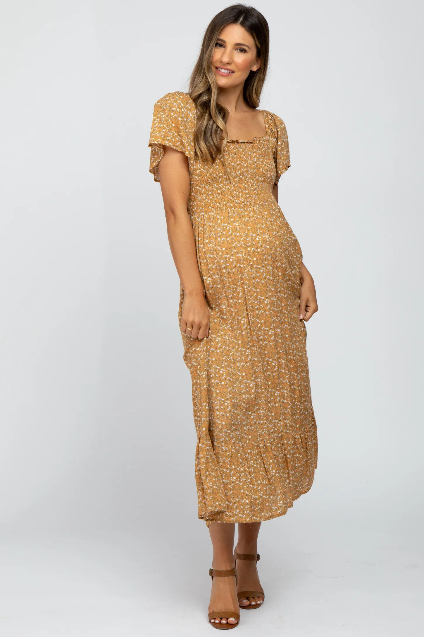 Mustard Floral Smocked Maternity Maxi Dress | PinkBlush Maternity