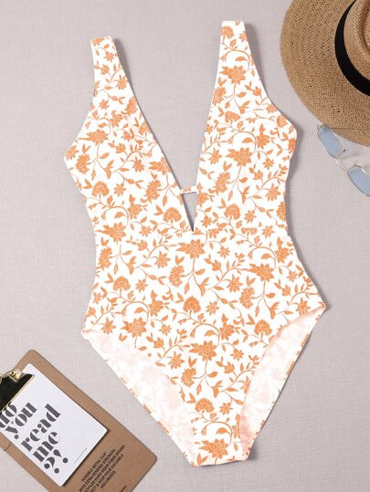 Random Floral Plunge Neck One Piece Swimsuit | SHEIN