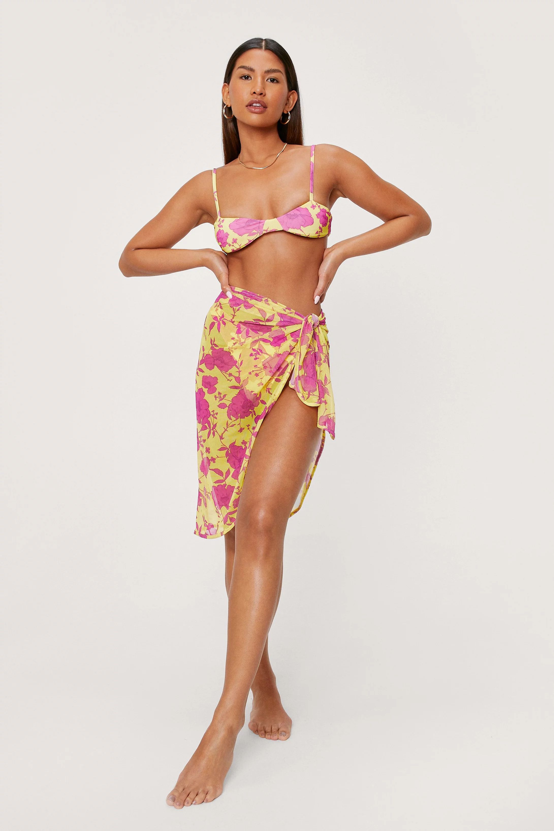 Bold Floral Print 3 Pc Bikini and Sarong Set | Nasty Gal (US)