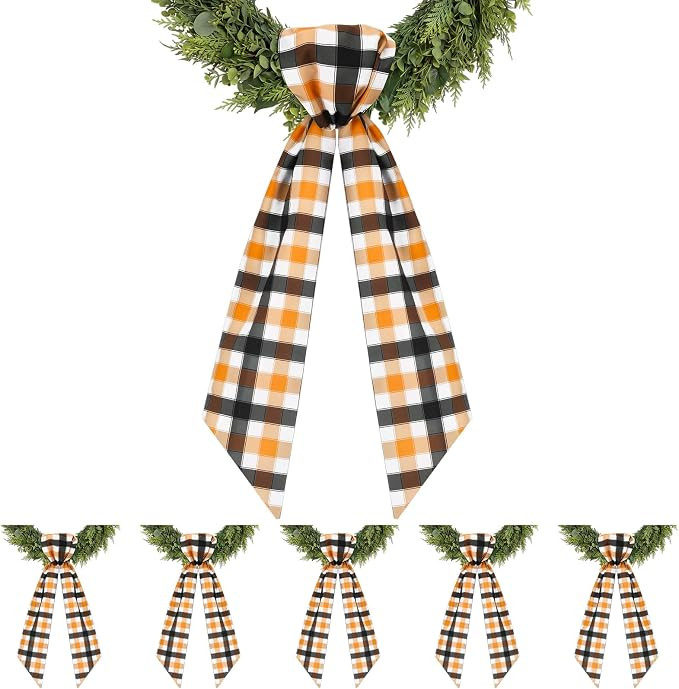 XunYee 6 Pcs Fall Plaid Wreath Sash for Front Door Orange and Brown Wreath Sash for Embroidery Ga... | Amazon (US)