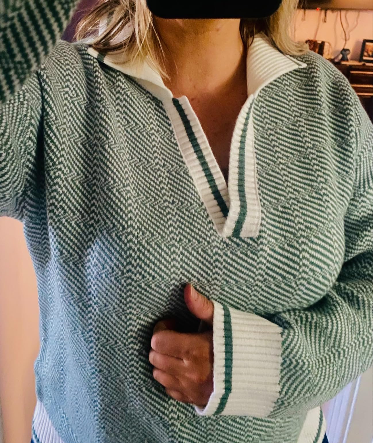 Saodimallsu Womens Fall Sweaters Tops Lapel V Neck Knit Sweater Color Block Long Sleeve Casual So... | Amazon (US)