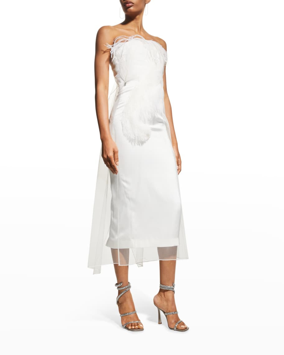 16ARLINGTON Minelli Strapless Tulle-Overlay Midi Bridal Dress w/ Feathers | Neiman Marcus