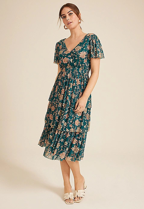 Floral Mesh Flutter Sleeve Midi Dress | Maurices