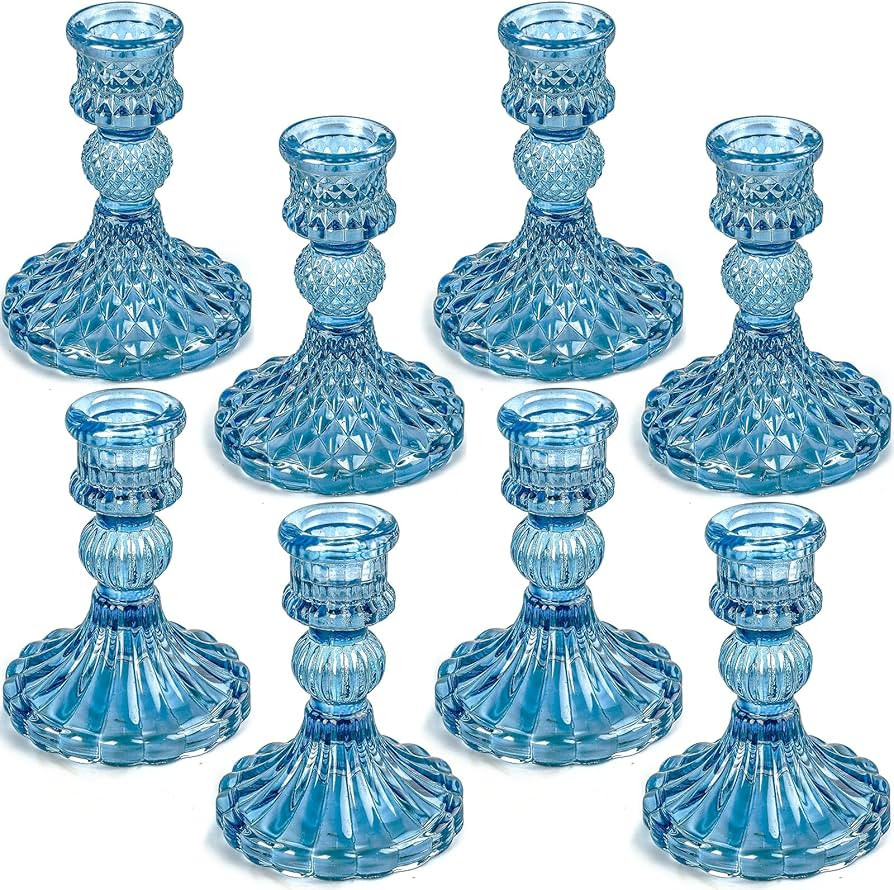 Blue Glass Candlestick Holders,Set of 8 Include Taper Candle Holders and Stripe Candle Holders,Tw... | Amazon (US)