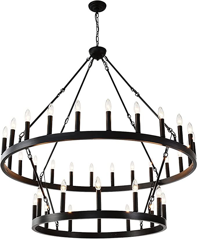 Yikrfiae Black Wagon Wheel Chandelier 2 Tier 36-Lights 48 Inch Extra Large Farmhouse Light Fixtur... | Amazon (US)