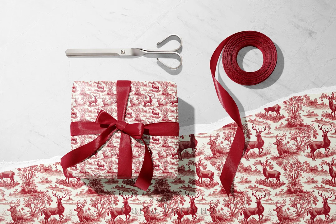 Winter Deer Toile Wrapping Paper Christmas Red Chinoiserie - Etsy | Etsy (US)