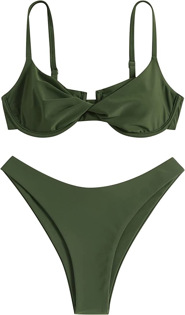 ZAFUL Women's Twist Front Bikini Sets Underwire Tie Back Bikini High Waisted Two Piece Swimsuit | Amazon (US)