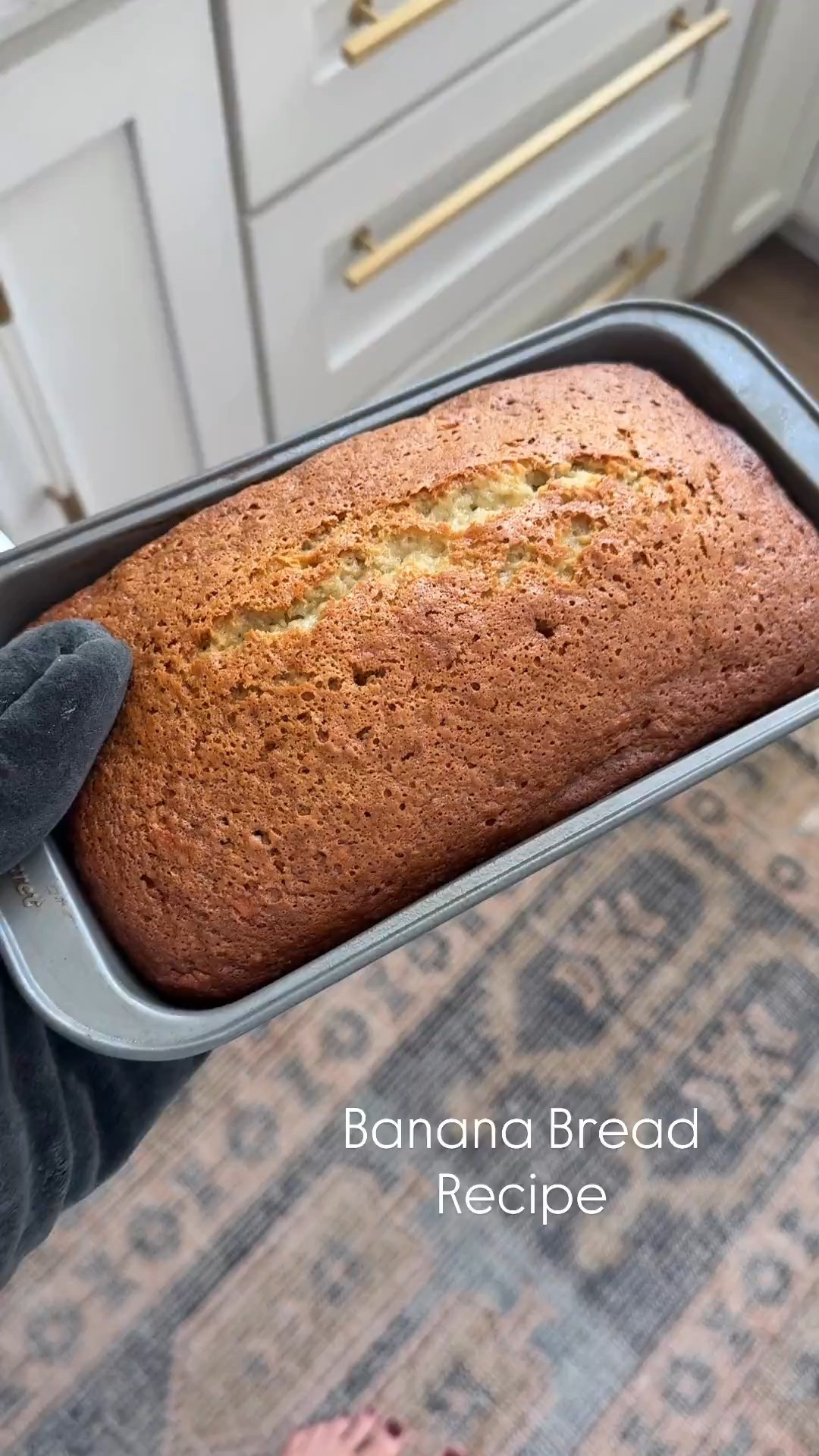 Banana Bread Recipe
Ingredients:
3 ripe bananas 
1 3/4 cup flour
1 1/2 cup sugar
1/2 cup vegetable oil
1/4 c. Milk
1 teaspoon baking soda
1 teaspoon vanilla
2 eggs

Directions: 
Combine oil, eggs, sugar, milk, bananas (mashed). Add flour & soda. Combine 2-3 minutes.
Pour into greased loaf pan. Bake 325° for 1 hour 20 minutes. Makes one loaf. 

Comment SHOP below to receive a DM with the link to this post on my LTK ⬇ https://liketk.it/5oRDJ #ltkseasonal #ltkhome