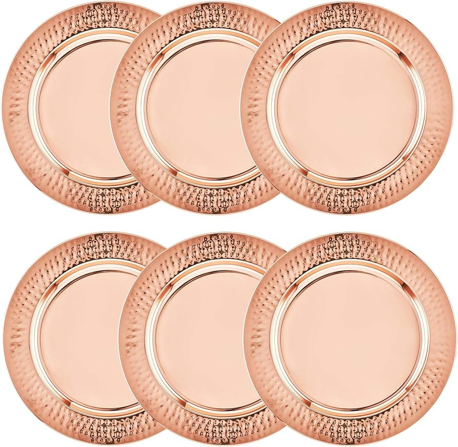 Copper Charger Plates - 6 Pack - 13 inch Rose Gold Charger Plates with Hammered Rim - Copper Plat... | Amazon (US)