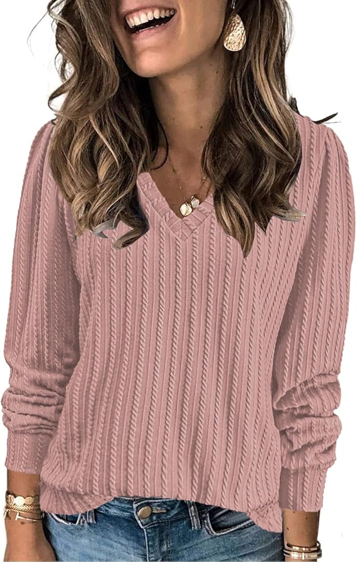 XMTOPYE Sweaters for Women Casual Long Sleeve Tops V Neck Solid Color Fashion Shirts | Amazon (US)