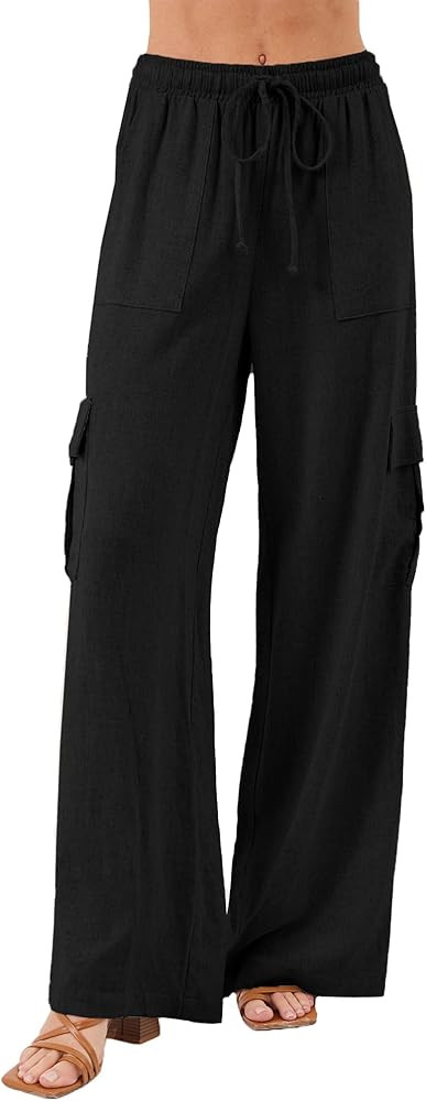 Beautiful Nomad Women's Linen Cargo Pants Casual High Waisted Wide Leg Pant Baggy Trousers with P... | Amazon (US)
