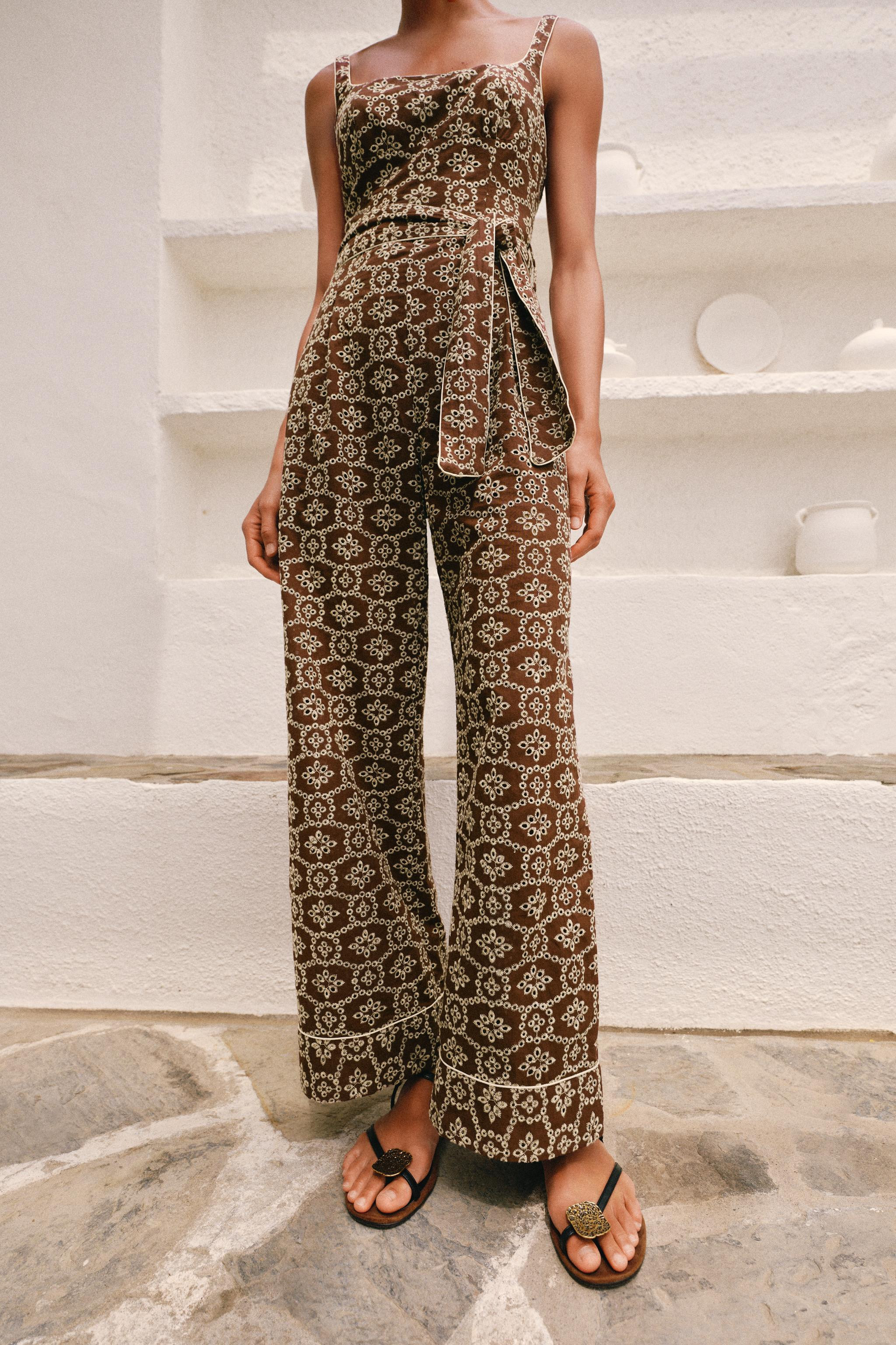 EMBROIDERED EYELET BELTED JUMPSUIT | Zara US