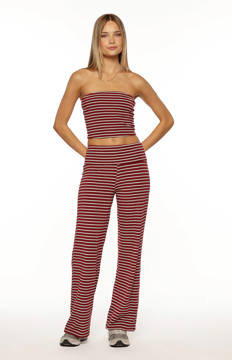 Pippen Burgundy Stripe Foldover Wide Leg Pants | Beginning Boutique (US)