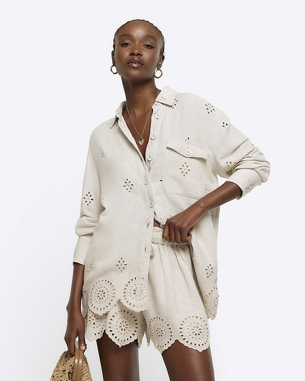 Stone linen blend broderie detail shirt | River Island (UK & IE)