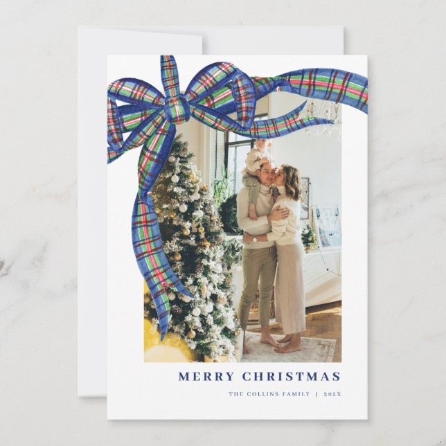 Blue Green Plaid Bow Christmas Photo Holiday Card | Zazzle | Zazzle