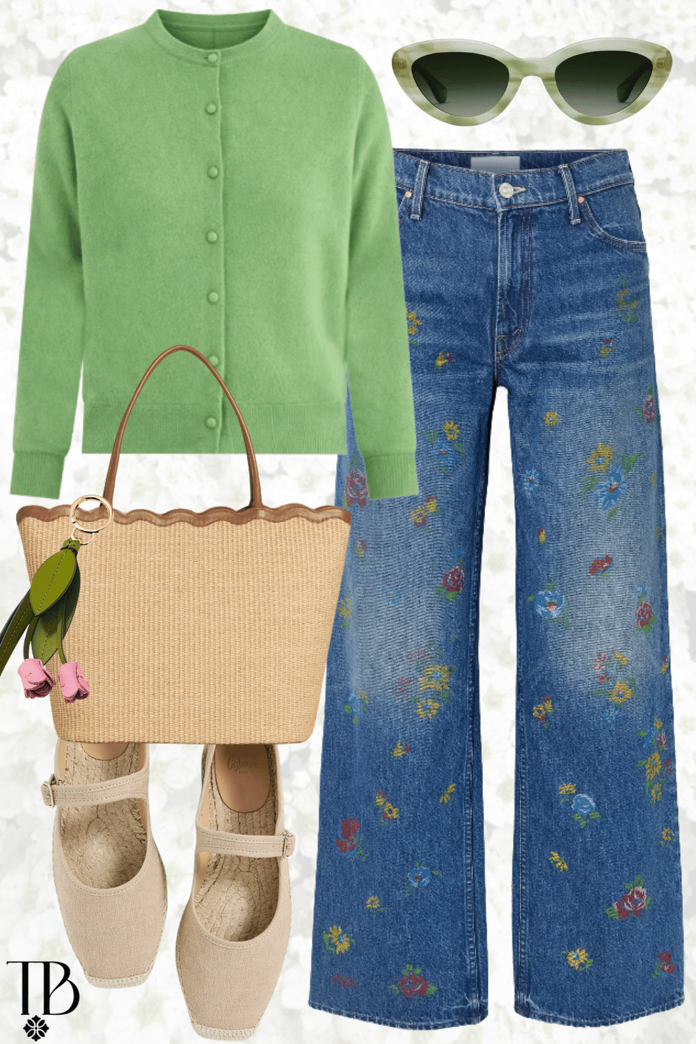 Spring outfit featuring a green cardigan paired with floral wide-leg jeans, espadrille flats, a woven straw tote, and green sunglasses for an easy everyday look.

 

 #LTKdayinmylife #LTKootd #LTKSeasonal