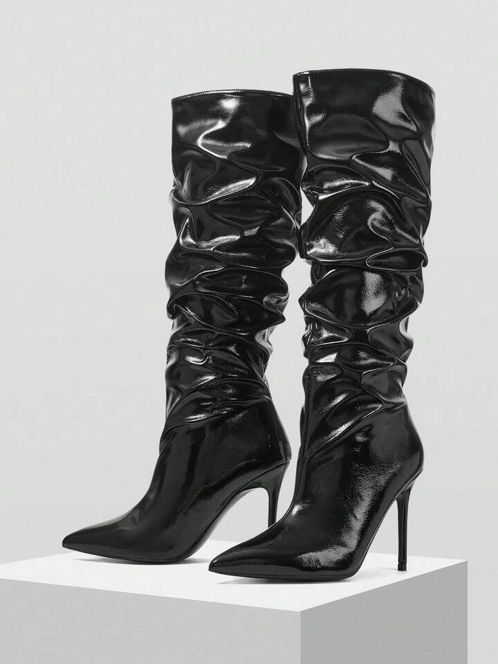 Mnmlis Elegante Weinrote Lacklederstiefel Mit Hohem Schaft Und Metallschnallenverschluss, Schmale Absätze | SHEIN