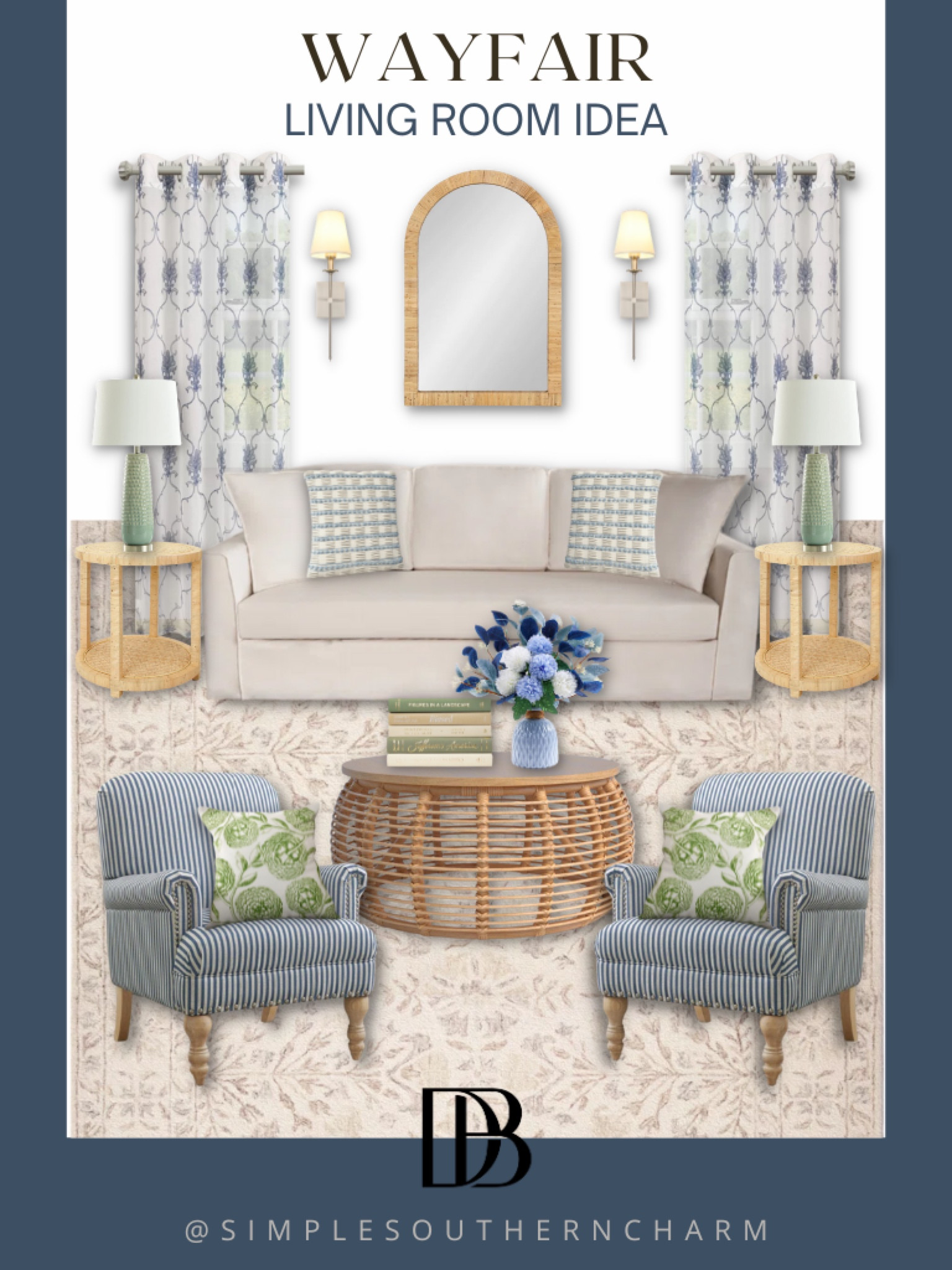 Embrace grand millennial charm with this stunning living room idea!White, blue, and green hues come together beautifully, all from Wayfair.  #GrandMillennial #LivingRoomInspo #WayfairFinds #HomeDecor #InteriorDesign



#LTKsalealert #LTKhome