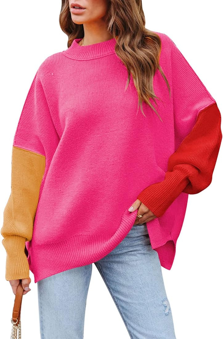 HAPCOPE Women's 2023 Fall Casual Oversized Sweater Crewneck Batwing Sleeve Side Slit Ribbed Knit ... | Amazon (US)