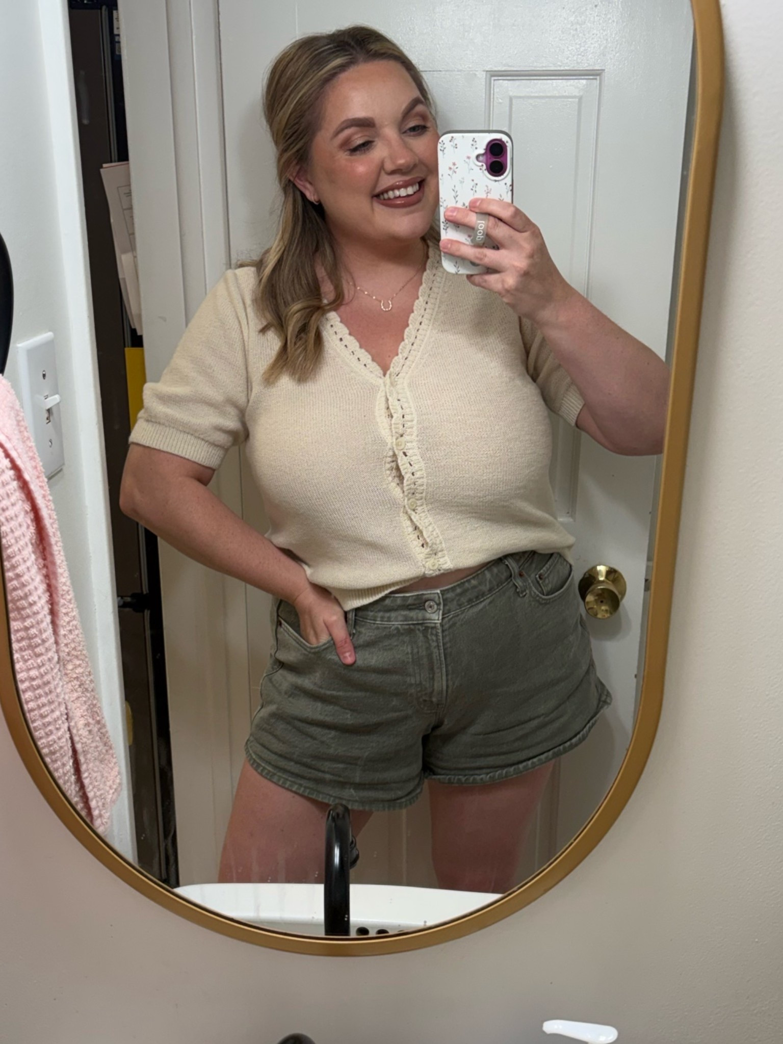 This light weight sweater top is perfect for the transition into fall. Comes in multiple color options 

It has some really cute lace like details along the collar and down the buttons. I also really love the length of the sleeve. 

Top- large 
Shorts-32

@Target 
@abercrombie

#LTKSeasonal #LTKMidsize #LTKootd