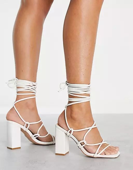 Simmi London tie ankle block heeled sandals in white | ASOS (Global)