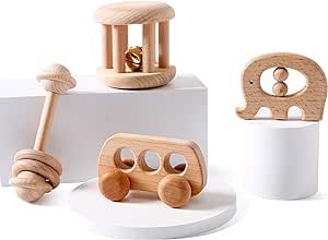 Organic Wooden Baby Rattle Toy Montessori Rattle Roller Waldorf Inspired Grasping Toddler Toys | Amazon (US)