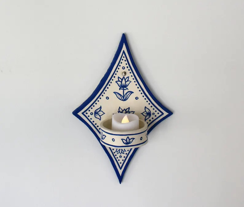 Ceramic Wall Sconce Vintage Blue Floral Candle Holder - Etsy | Etsy (Global)