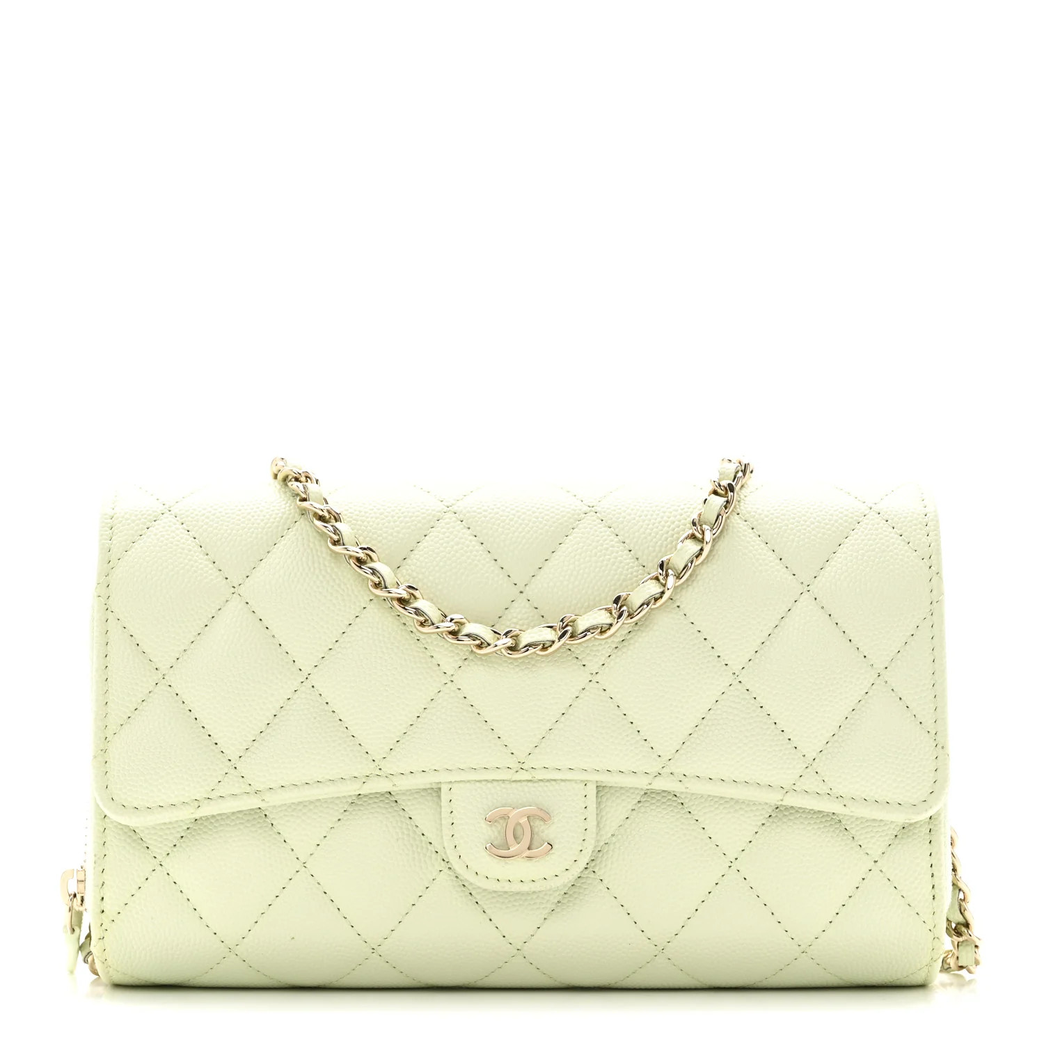 Caviar Quilted Phone Holder Wallet on Removable Chain Light Green | FASHIONPHILE (US)