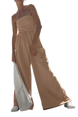 Feager Strapless Off Shoulder Jump Suits High Waist Jumpsuit Outfits Tan, XL | Amazon (US)