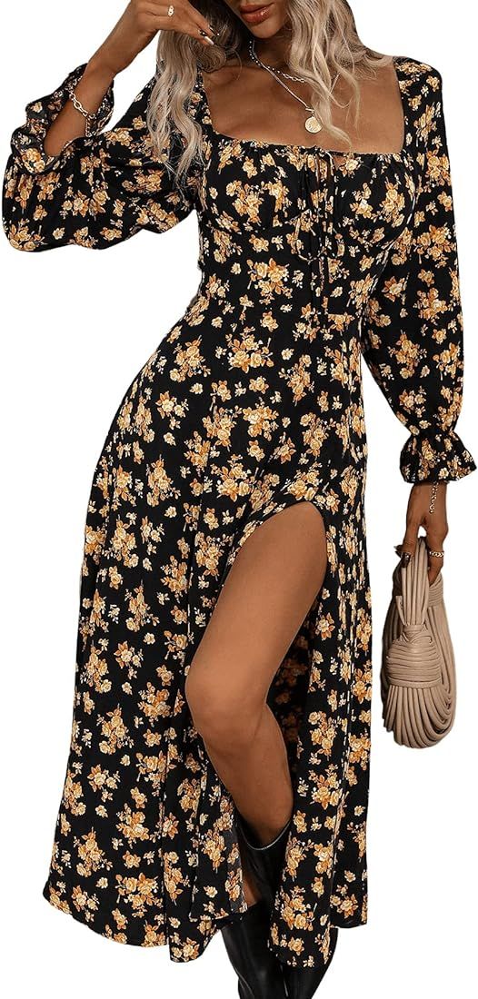 SweatyRocks Women's Boho Floral Print Flounce Long Sleeve Square Neck Long Dress Tie Front Split Thi | Amazon (US)