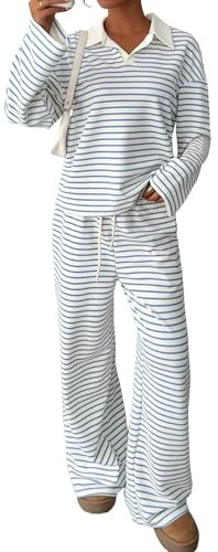 Sweetmoon Two Piece Sets for Women Fall Outfits Lounge Wear Oversized Sweatshirt Lounge Pants Matching Set Travel Outfit blue striped M | Amazon (US)