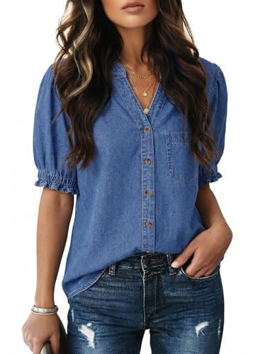 Women Denim Shirt Button Down Casual Short Sleeve V Neck Blouse Summer Tops | Amazon (US)