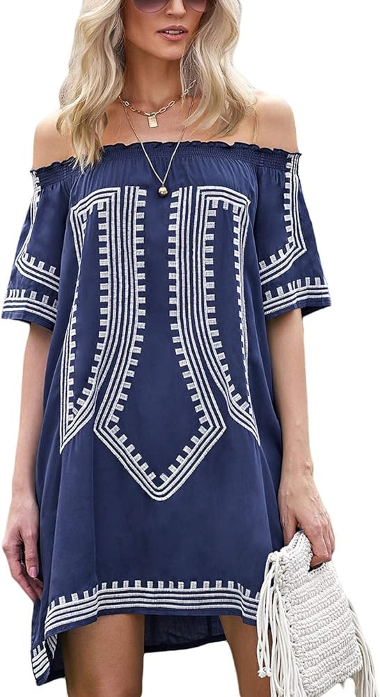 Bohemian Vibe Geometric Print Off The Shoulder Beach Dress | Amazon (US)