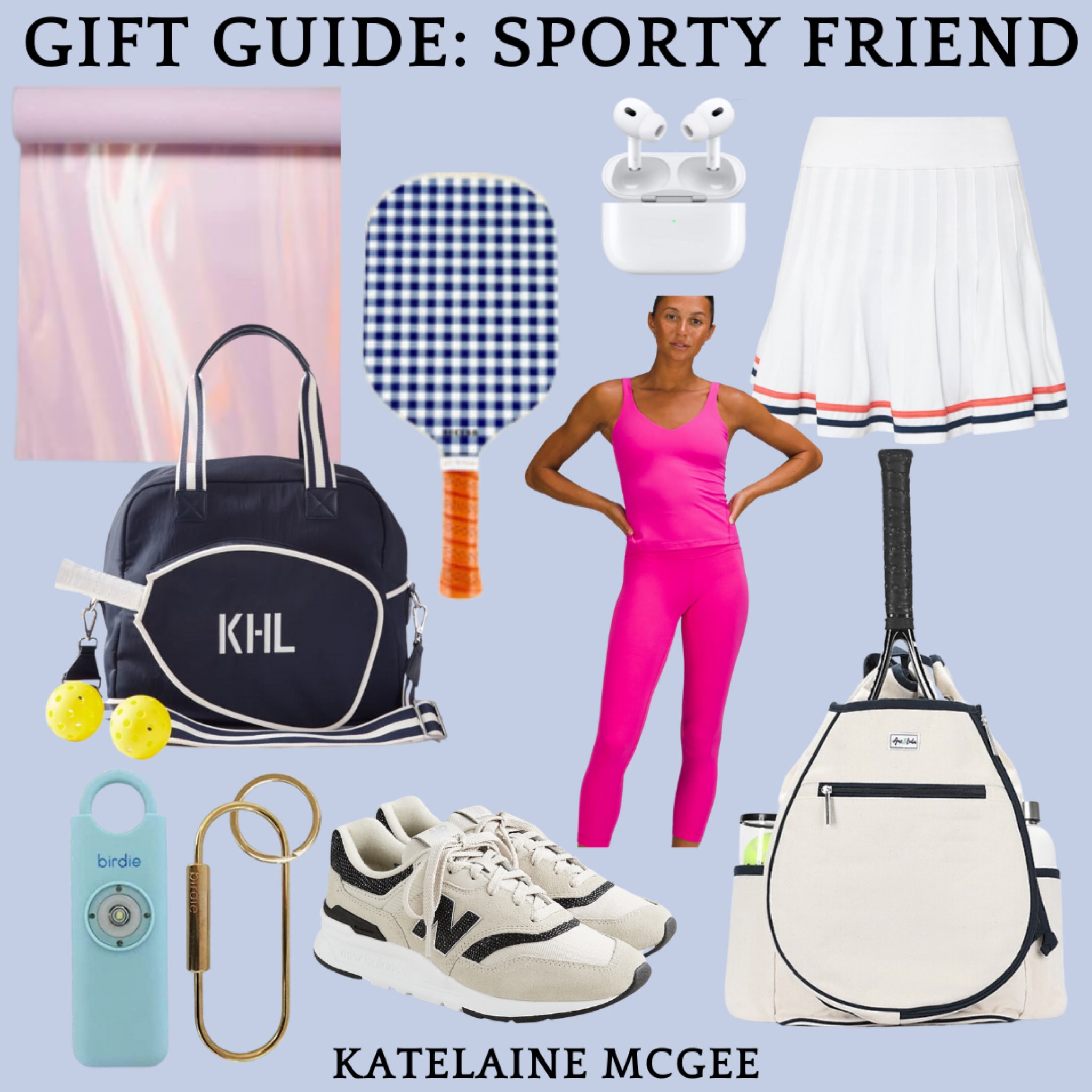 Sporty Fitness Gift Guide 

Yoga mat // Lululemon // tennis skirt // pickle ball paddle // Air pods // pickle ball bag // tennis bag // New Balance // Birdie alarm // pink leggings // pink tank 

#LTKfit #LTKHoliday #LTKSeasonal
