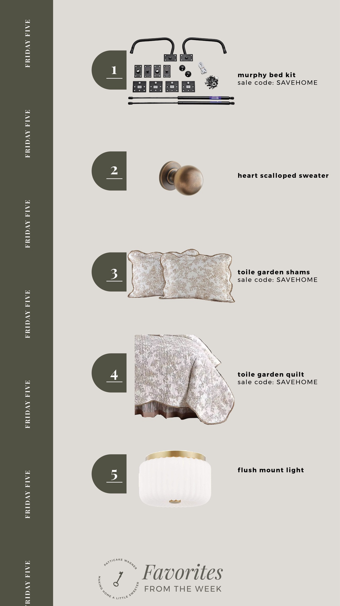 friday five: your favorites from the week. *murphy bed kit, antique brass knob, toile garden shams, toile garden quilt, flush mount lighting  

#LTKstyletip #LTKhome