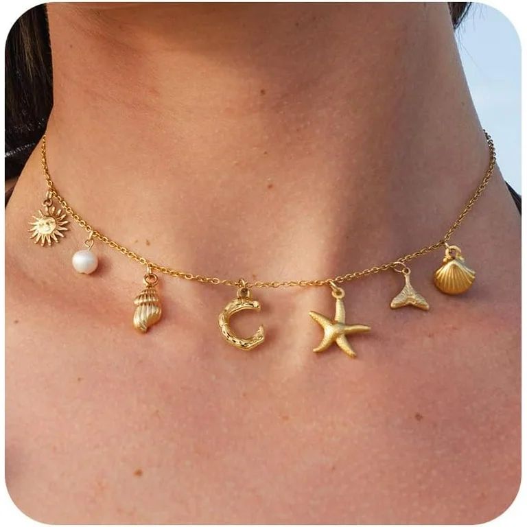 Gold Initial Charm Necklaces for Women Girls, Boho Surfer Beach Letter Necklace 14K Gold Plated A... | Walmart (US)