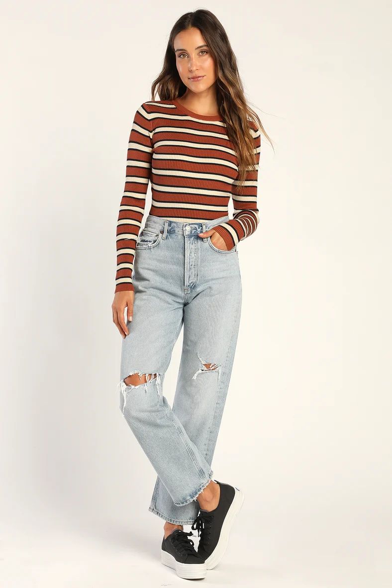 All the Hits Rust Brown and Ivory Striped Sweater | Lulus (US)