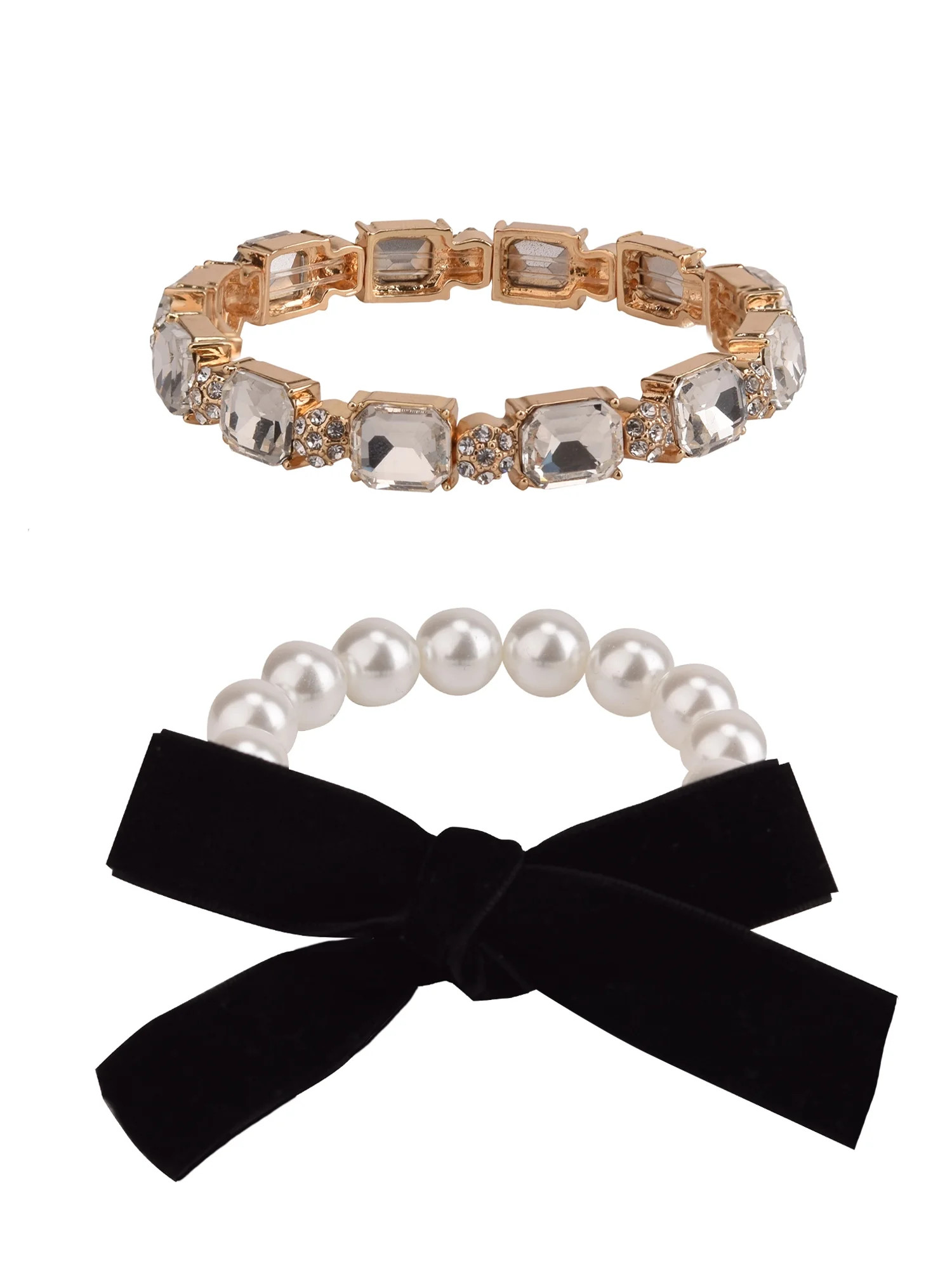 Time and Tru Adult Female 2pc Faux Pearl and Stone with Black Fabric Bow Gold-Tone Bracelet Set | Walmart (US)