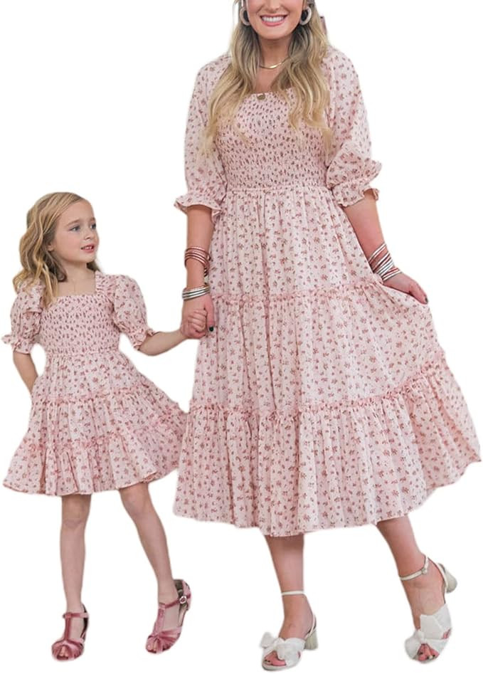 Mommy and Me Dresses Matching Set Summer Boho Dress Square Neck Ruffle Sleeves Floral Tiered Dres... | Amazon (US)