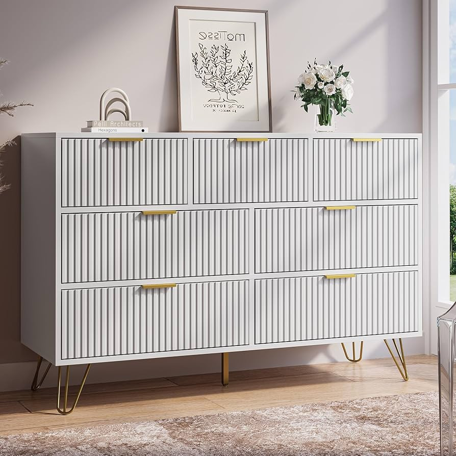 White Dresser for Bedroom, 7 Drawer Dresser with Gold Pulls, Wide Chest of Drawers for Bedroom, E... | Amazon (US)