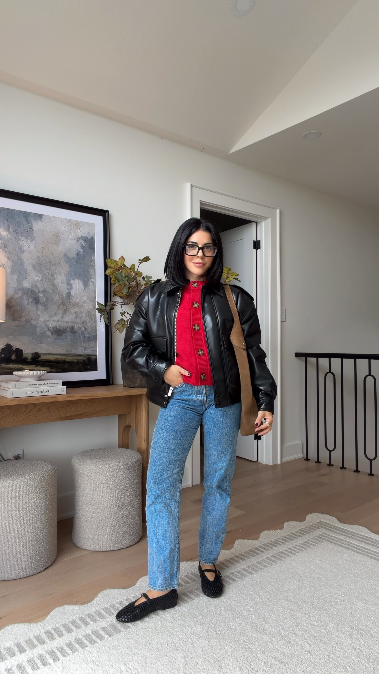Love this pop of red ❤️
Jeans - size 25
Tshirt - XS
Sweater - small petite 
Jacket - small