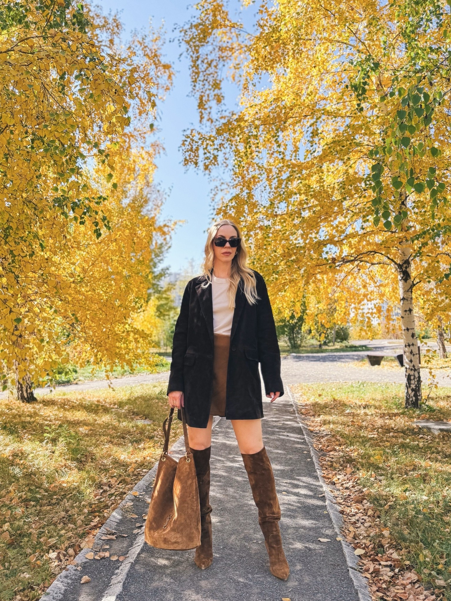 Fall outfit with suede blazer, suede mini skirt with tall boots, cognac suede boots

#LTKSeasonal #LTKOver40