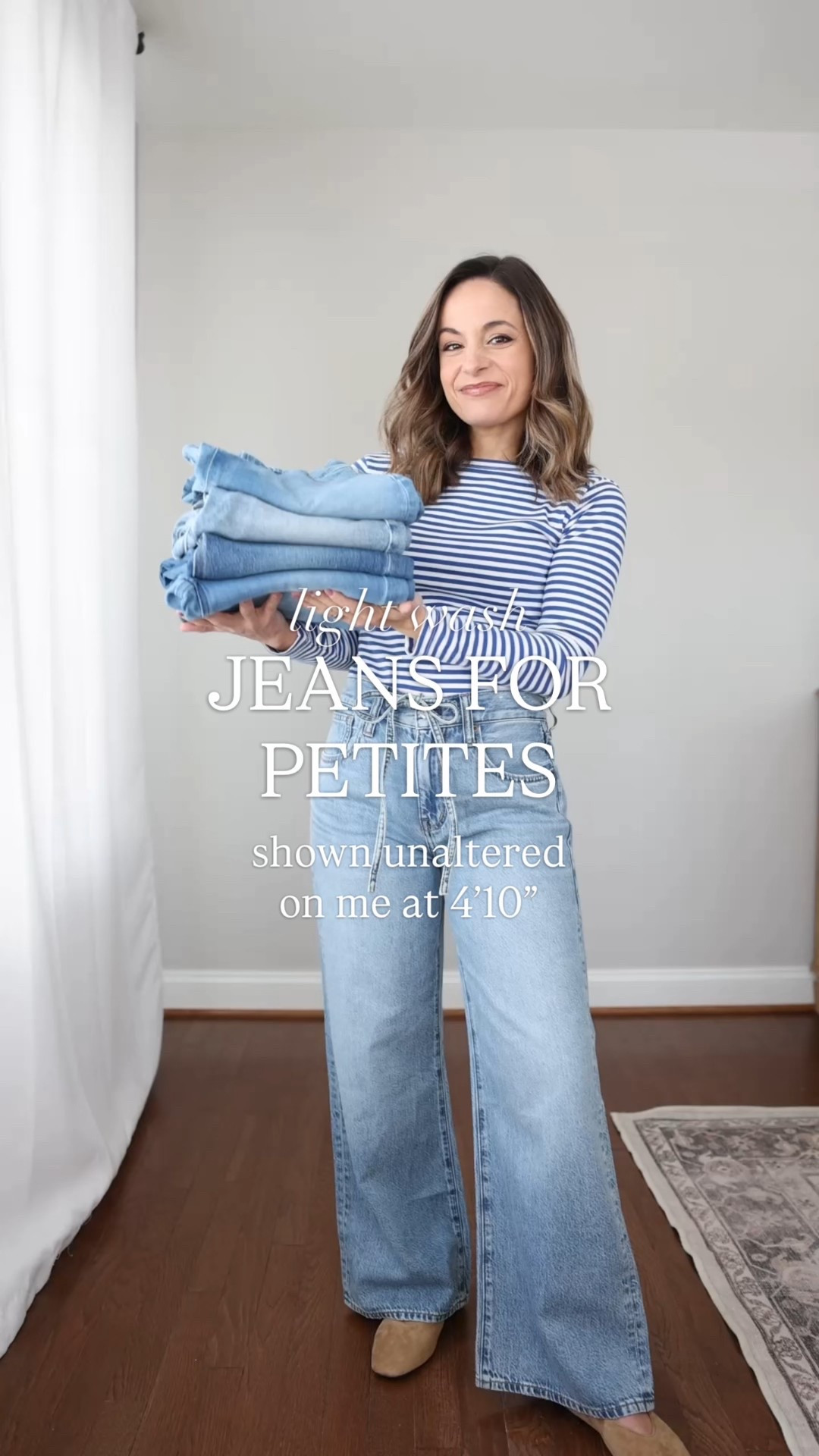 Light wash jeans for petites! 

*I typically go for jeans that can all be worn with flats but some of these I can only wear with heels. Take note of the inseam measurements and washing and drying notes. Some shrink in the wash. 

The Wide-Leg Jean (Madewell) : 24 in Coastal Blue - tts
10 ¾” rise / 30” inseam in standard (shrunk to 29” in the washer and dryer) / 28” inseam in short 

The Perfect Vintage Wide-Leg Crop Jean (Madewell): Petite 24 in Raebrook Wash - tts
10 ⅜” rise / 25” inseam in petite

Bella Relaxed Straight Jeans (Quince): 24 x 28” in Atlantic blue - tts 
10.5” rise / 28” inseam shown, starts at 26”. The jeans shrink in the wash. 

Luna Wide-Leg Jeans (Quince): 24 in seaside blue - tts 
9” rise / 29.5” inseam shown- jeans shrink in length in the wash to 28.5". 

The Ultimate Wide-Leg Jeans in Airy Denim: Petite 25 in Raebrook Wash - sized up
10 ¼” rise / 28” inseam in petite

Top (Madewell): XXS
Flats (Madewell): in Tawny Khaki
Boots (J.Crew): tts 

My measurements for reference: I’m 4’10” and 105lbs. My bust, waist, and hip measurement is 32”, 24”, and 36”.

