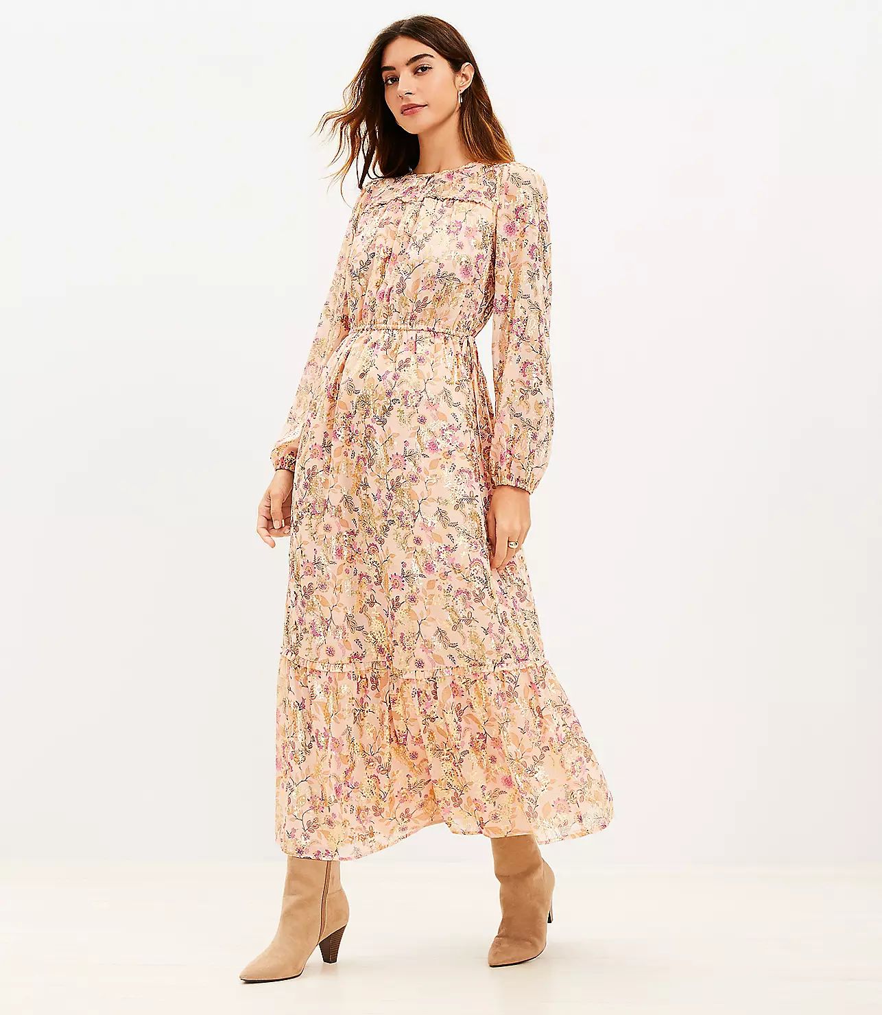 Petite Shimmer Floral Double Tie Waist Maxi Dress | LOFT